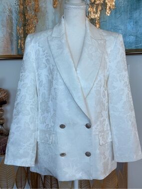 Women's White Floral Jacquard Double-Breasted Blazer